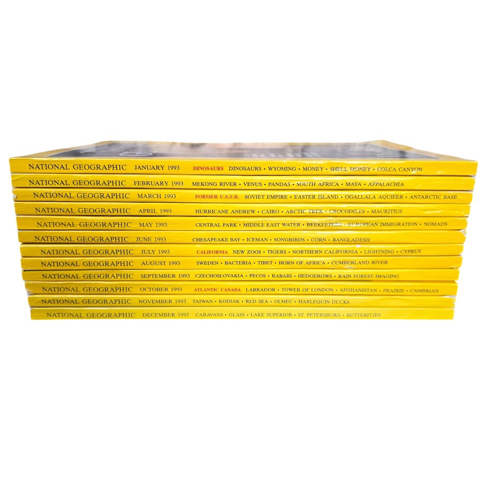 National Geographic Magazine Full Year 1993 Set 12 Issues Yellow Good Vintage